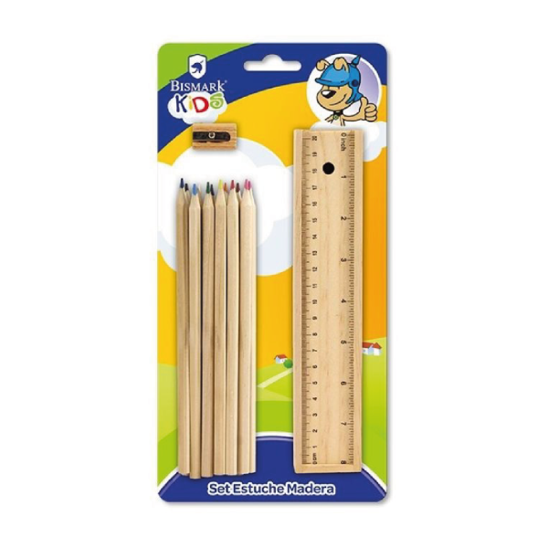 Set estuche madera + 12 lapices colores