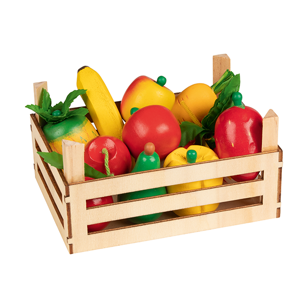 Frutas y verduras en caja de madera